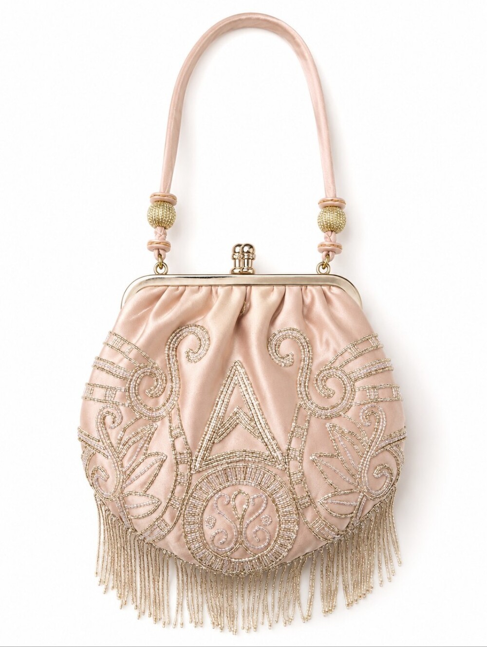Vintage Lord & Taylor Beaded Satin Evening Handbag Art Deco Blush Pink Fringe CC